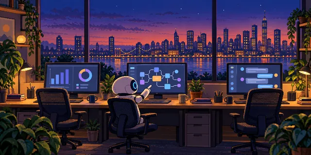 Pixel-art agency studio at dusk with three desks showing a dashboard of bars and a ring chart, a flow diagram of connected nodes, and a chat window, with a small robot at the middle desk and a city skyline through the window.
