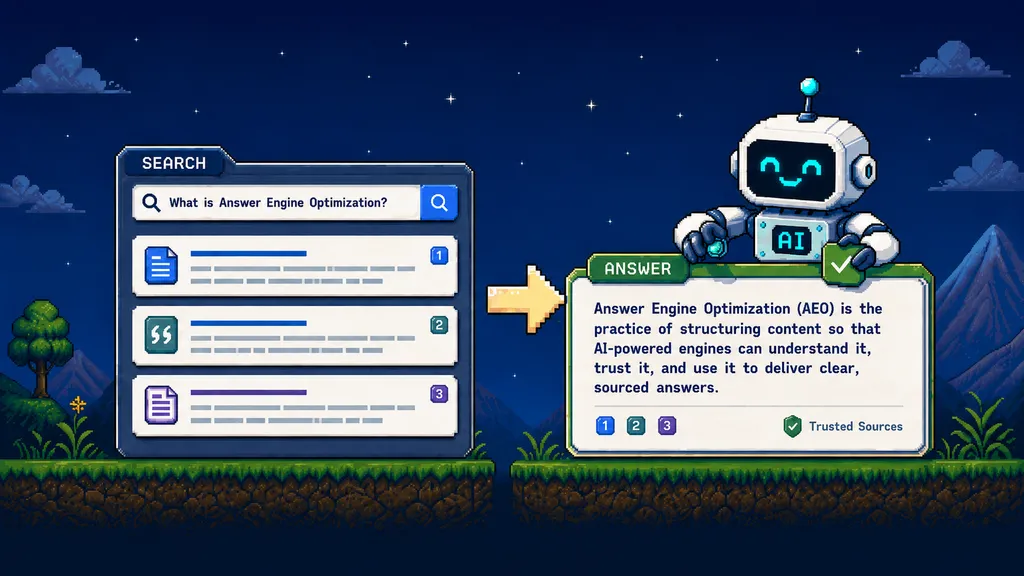 A list of search results transforming into a single AI-generated answer with numbered, cited sources, illustrating answer engine optimization.