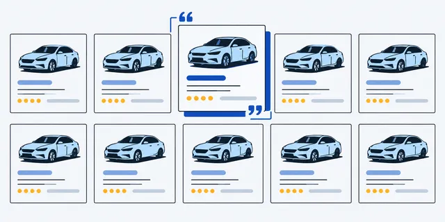 A grid of identical car listing cards, with one card lifted and set in quotation marks.