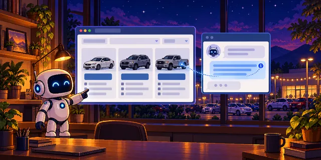 Pixel-art robot pointing at a used-car inventory page showing a sedan, an SUV, and a pickup, with an AI chat window beside it citing the page as source one, and a lit dealership lot outside the window at night.