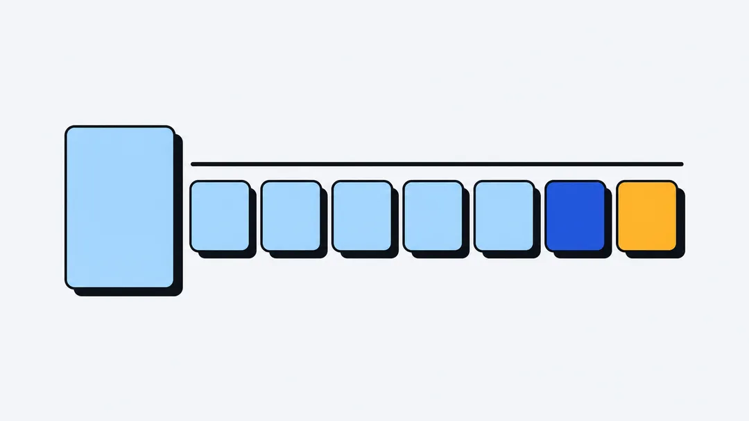 A tall light blue card beside a row of seven small tiles under a rule, five light blue, one bright blue and one amber.