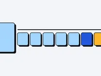A tall light blue card beside a row of seven small tiles under a rule, five light blue, one bright blue and one amber.