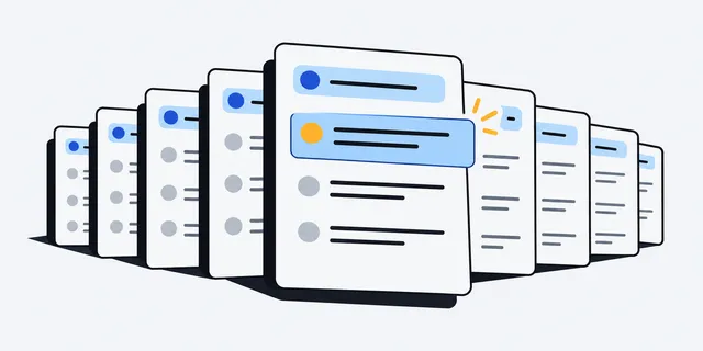 A fanned stack of document cards, the front one with a highlighted answer line.