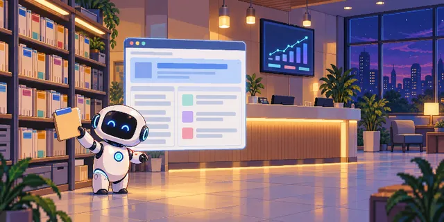 Pixel-art robot in a hospital reception area holding a folder from a wall of color-tabbed files, beside a floating browser window showing a medical article with a highlighted answer box, and a rising chart on a wall monitor.