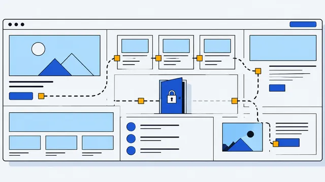 A website wireframe with a dotted path running through it, past a locked door.