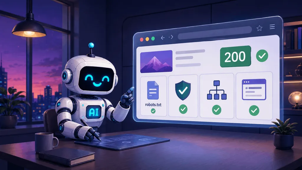 A friendly robot at a desk points to a large browser window showing a page that returns a 200 status, with four green-checked cards: a robots.txt file, a security shield, a site-structure diagram, and a page layout, illustrating a website that is ready for AI agents.