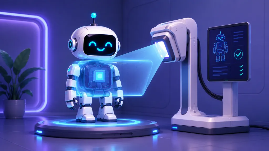 A friendly white robot with a glowing smile stands on a lit platform while a scanner projects a beam across its chest, revealing the processor inside. A screen beside it shows the same robot as a wireframe diagram with a row of completed checks, illustrating a system being examined rather than taken on faith.