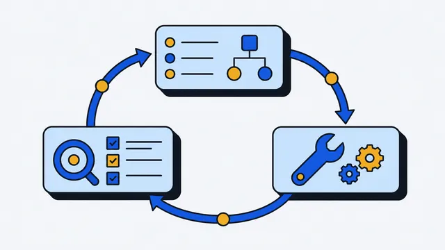 Three panels joined in a loop by arrows, holding a checklist with a magnifier, a plan, and tools.