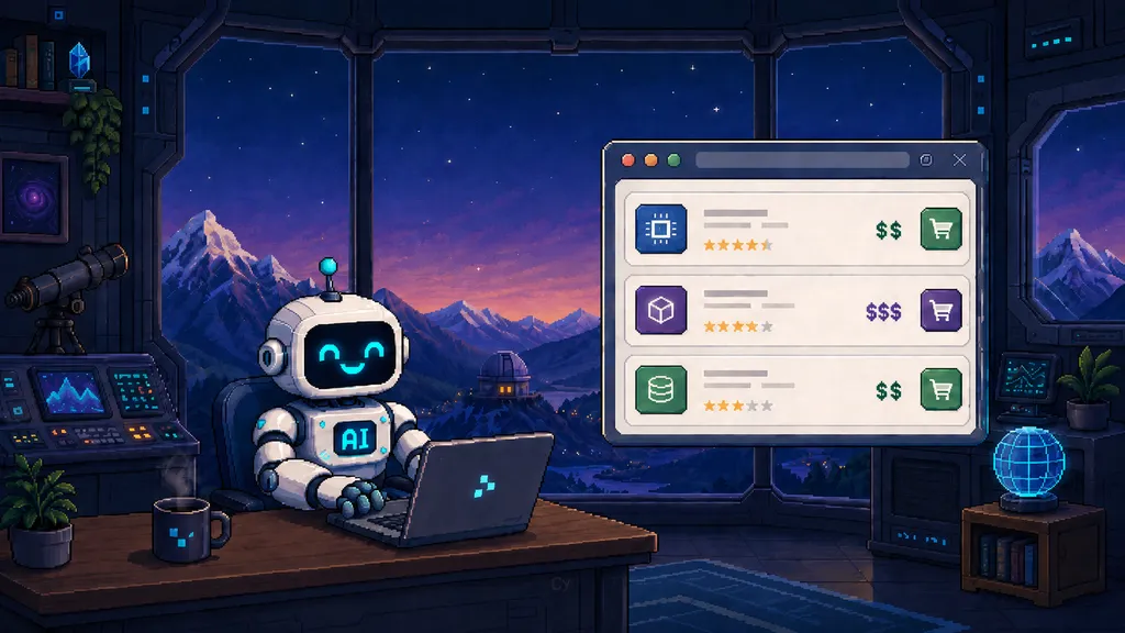A pixel-art robot labeled “AI” works on a laptop in a cozy observatory room at dusk. A shop-style window beside it lists three products with icons, star ratings, prices, and add-to-cart buttons, illustrating an AI agent comparing and acting on options.